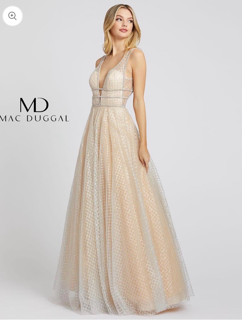Mac Duggal Flash Nude Silver Sequin Diamond Lattice A-Line Gown Dress Size 12